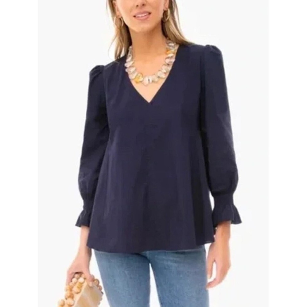 Pomander Place Easton Navy V Neck Puff Sleeve Blouse Womens Medium Coastal